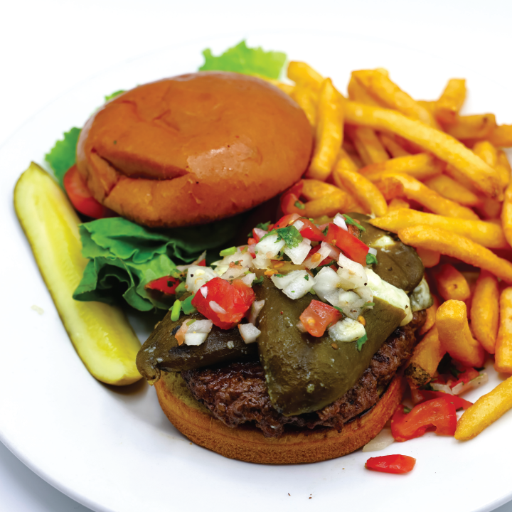 Mayo, lettuce, tomato, chile relleno, filled with monteray jack cheese and queso fresco with pico de gallo on top. Served on a brioche bun at Los Altos Breakfast and Lunch.