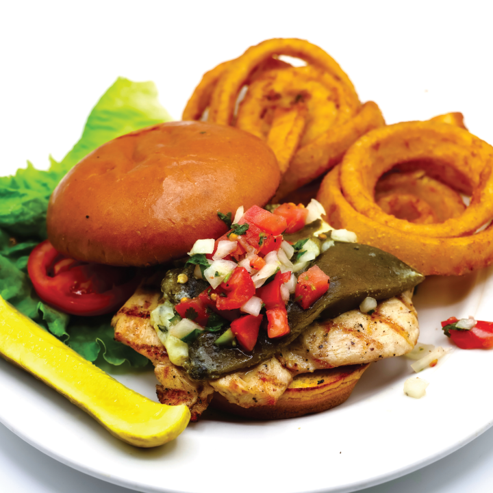 Mayo, lettuce, tomato, chile relleno, filled with monteray jack cheese and queso fresco with pico de gallo on top. Served on a brioche bun at Los Altos Breakfast and Lunch.